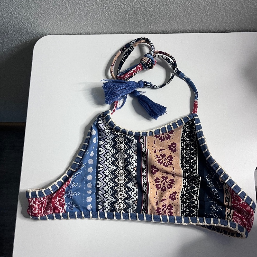 Cute Crochet Trim Boho Paisley Bikini Top Size Small